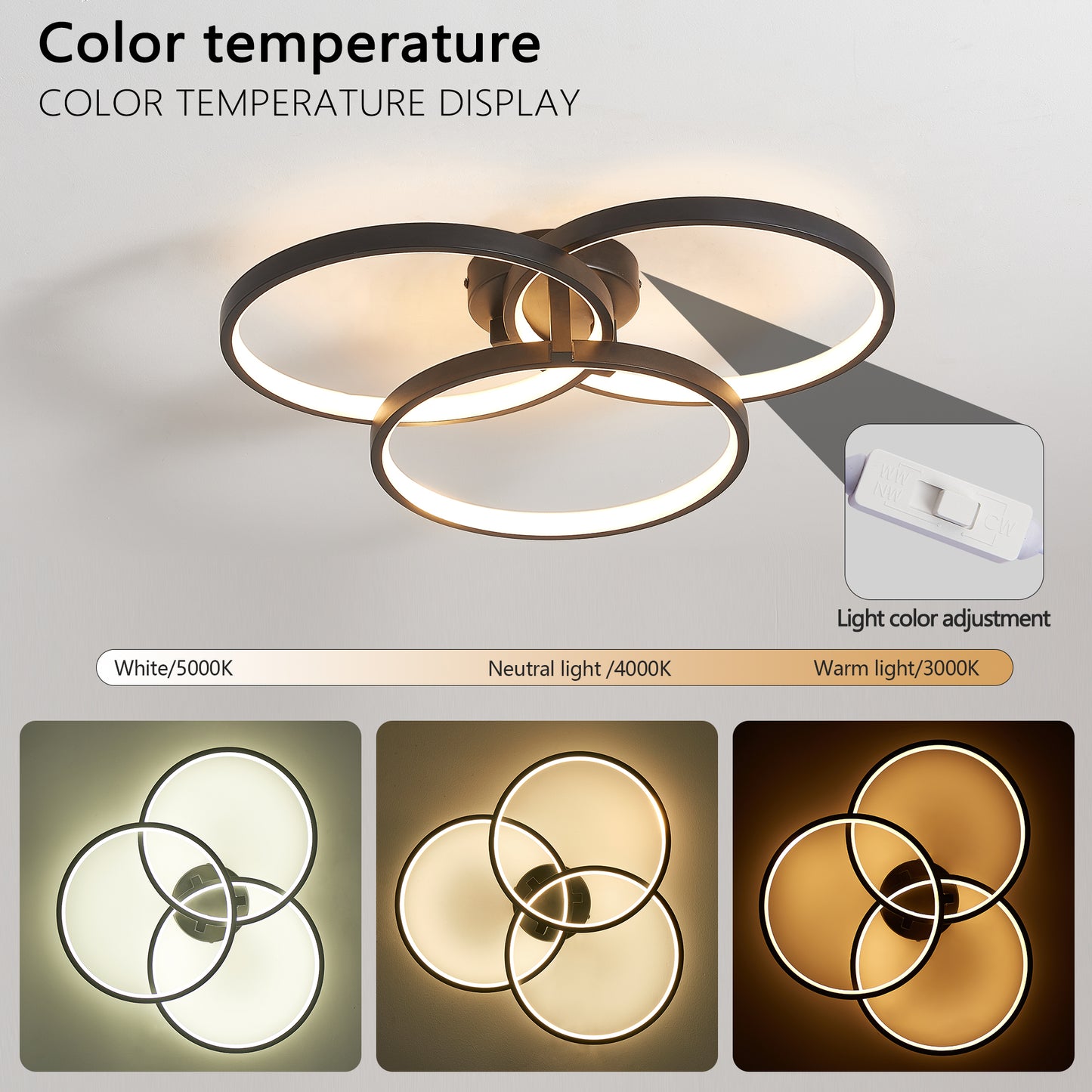 20 Modern Black LED Ceiling Light, 3-Ring Flush Mount Fixture For Living Room, Bedroom, Or Dining Room, Sleek And Energy-Efficient Design, Easy Installation