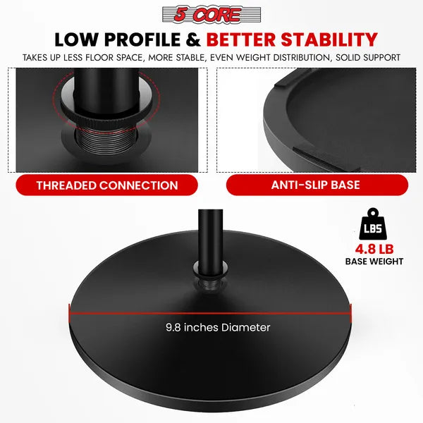 5 Core Microphone Stand 3 Level Height Adjustable 24-67" W Heavy Duty Round Base Floor Mic Stands