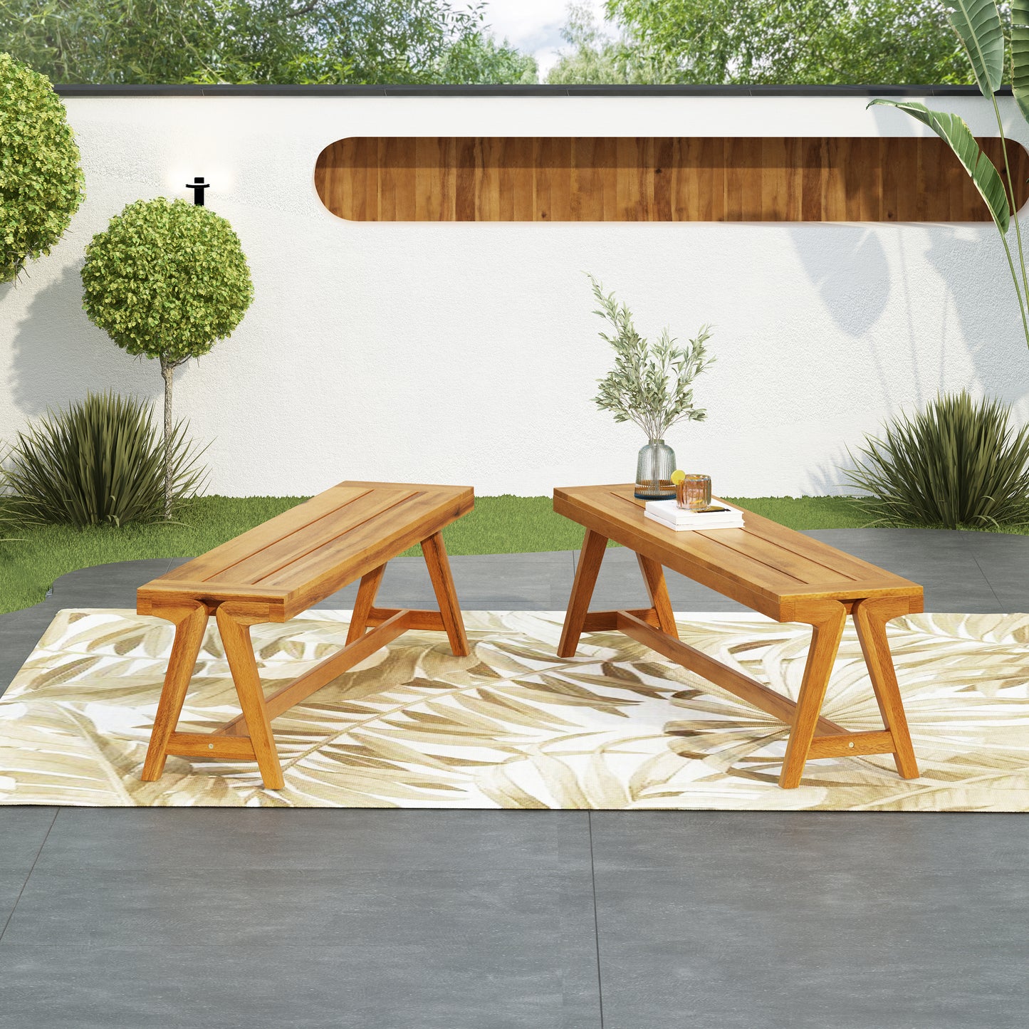 Outdoor Dining Benches  Set Of 2 , Contemporary Acacia Wood Patio Bench With Teak Finish - All-Weather Garden, Deck, Poolside Seating