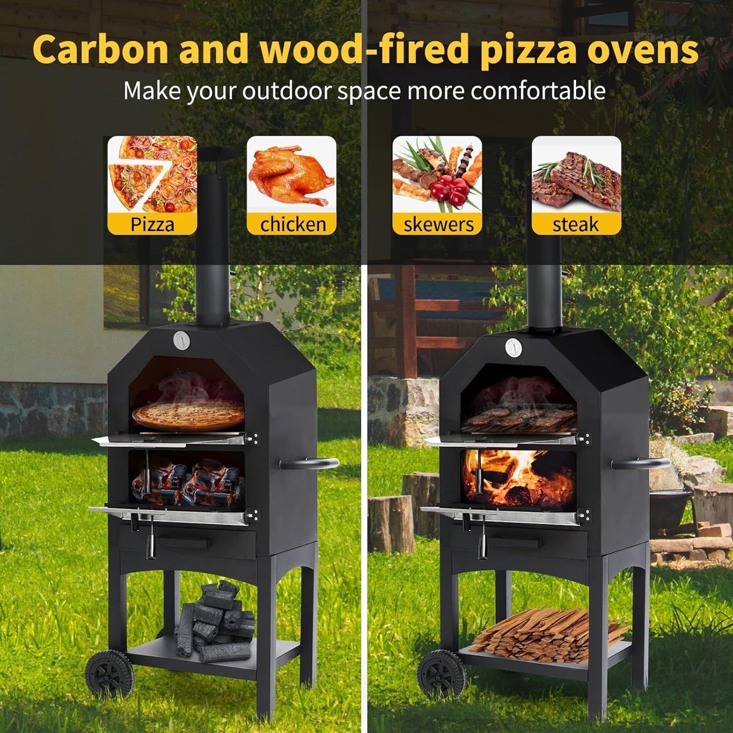 Outdoor Pizza Oven, Wood Fired Pizza Oven With Wheels For Outside, Portable Pizza Maker With Stone, Peel, Cover & Cooking Grids For Backyard, Patio, Camping, Black