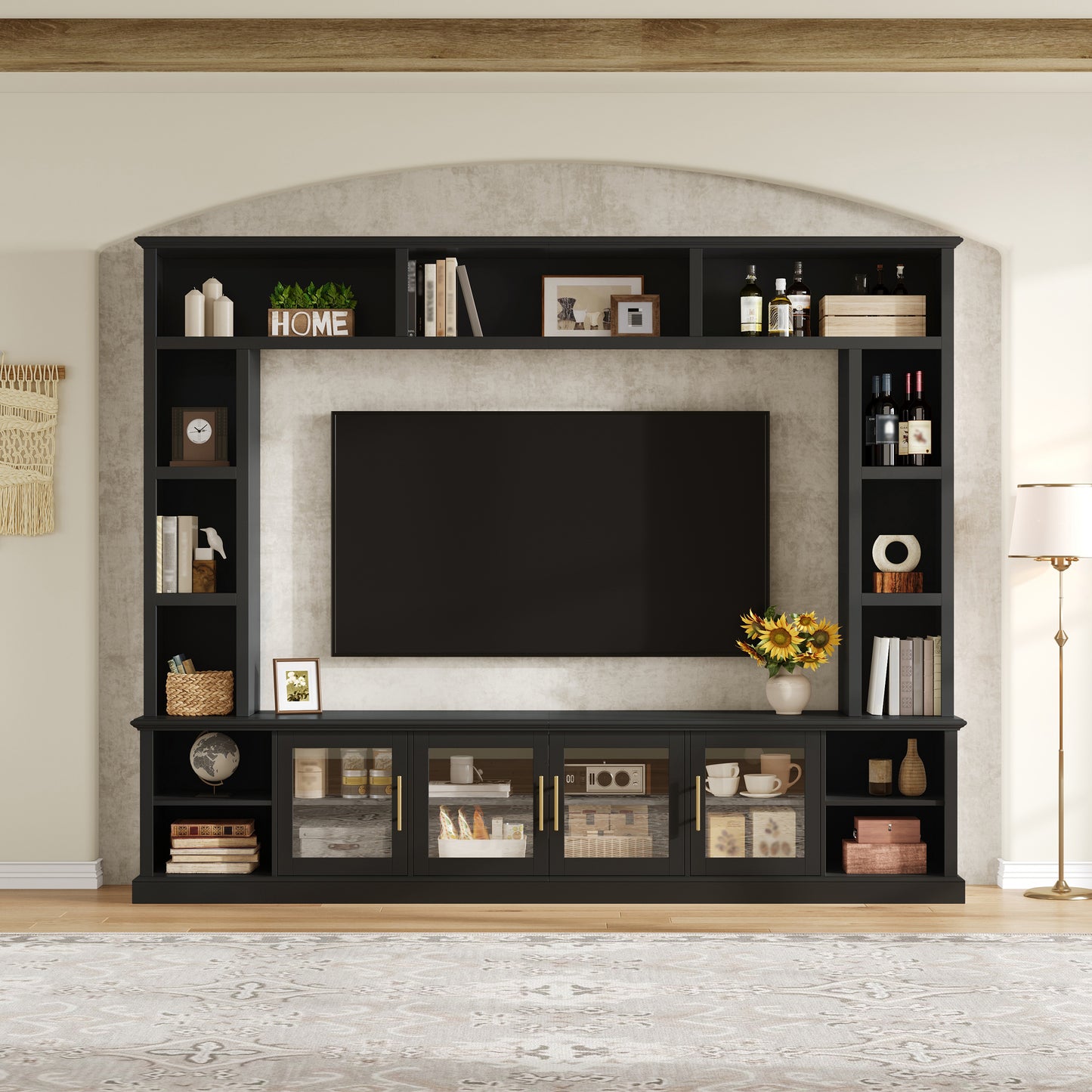 Entertainment Center Wall Unit For TVs Up To 80  , All-in-One Modern TV Stand With Bookshelves & Tempered Glass Doors, TV Console Unit With Shelving For Living Room, Entertainment