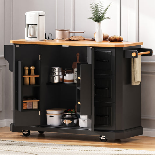 K&K 56 Inch Kitchen Island With Rubber Wood Veneer Drop Leaf, Power Outlet, 4 Door Shelves, Embossed Vertical Stripe Rolling Kitchen Cart On 4 Wheels With 6 Deep Drawers For Kitchen, Dining Room,Black