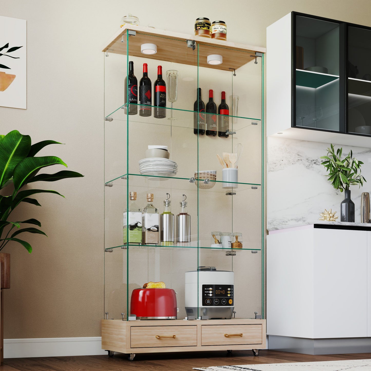 Modern Glass Display Cabinet With 2 Large Drawers , Quick-assembly Antique Cabinet With LED Lights, Tempered Glass Bookshelf, 2-Door Storage Case With 4 Shelves  For Living Room And Bedroom, Natural