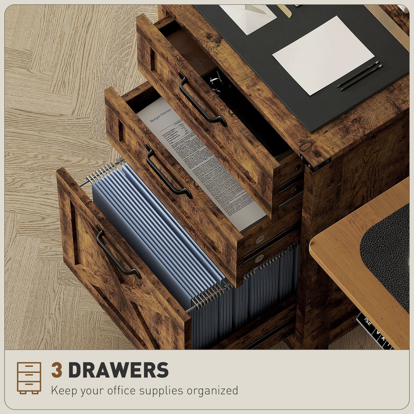 Vertical File Cabinet With 3 Drawers, Rustic Farmhouse Office Storage Cabinet For A4, Letter Size, Rustic Brown