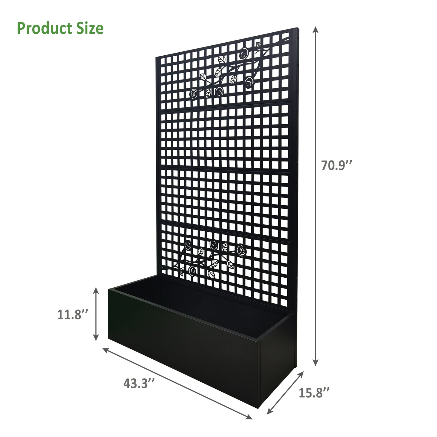 Metal Planter Box With Trellis 70.9in H X 43.3in W X 15.8in D - Outdoor Raised Garden Bed With Privacy Screen Lattice Panels For Patio Decoration For Backyard Patio Balcony, Rose Black