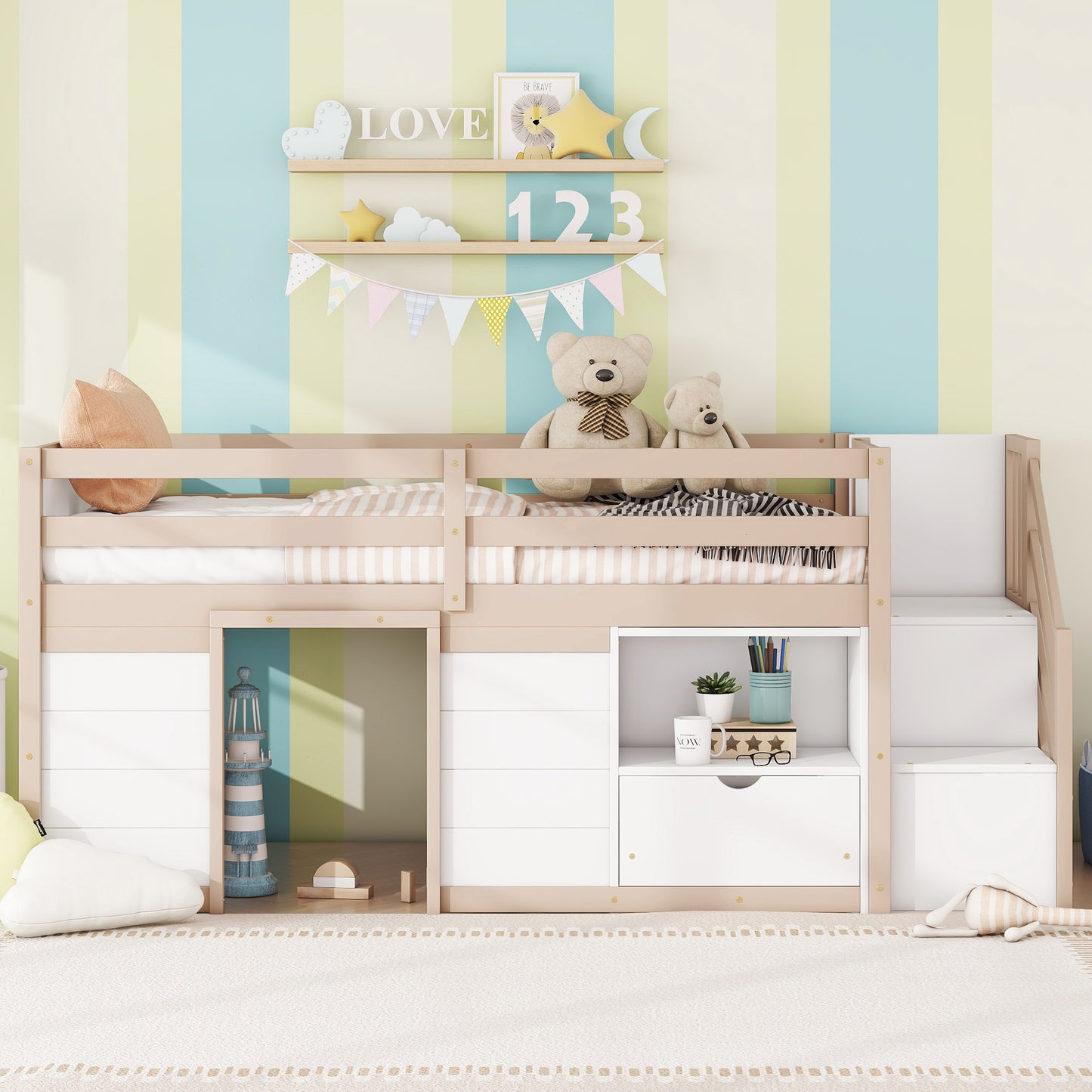 SOLID WOOD TWIN SIZE LOW LOFT BED WITH STAIR, DRAWER, AND SHELF FOR CREAM   WHITE COLOR
