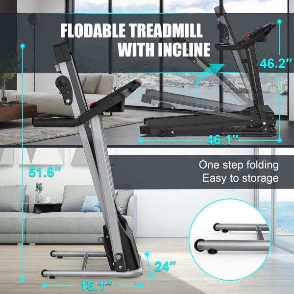 Compact Folding Treadmill For Home - 2.5HP Quiet Brushless Motor, 3-Level Incline