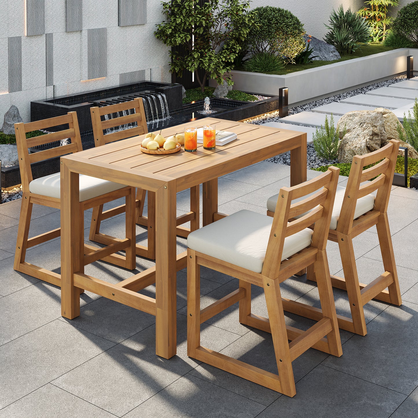 TREXM 5-Piece Rustic Patio Bar Set  Patio Table And Chairs Set With Ergonomic Chairs  Solid Wood Slatted Tabletop For Poolside  Balcony  Backyard  Porch  Light Teak Beige Cushion