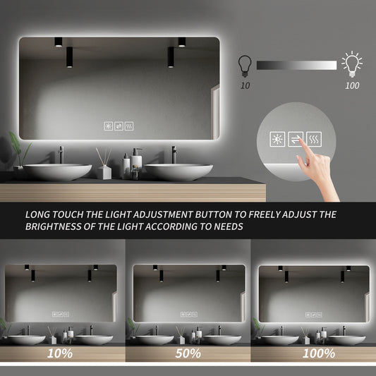 Bathroom Mirror With Led Lights Front And Backlit,  Anti-Fog Lighted Vanity Mirrors For Wall Mounted, 3 Colors And 5 Level Dimmable, Horizontal Vertical