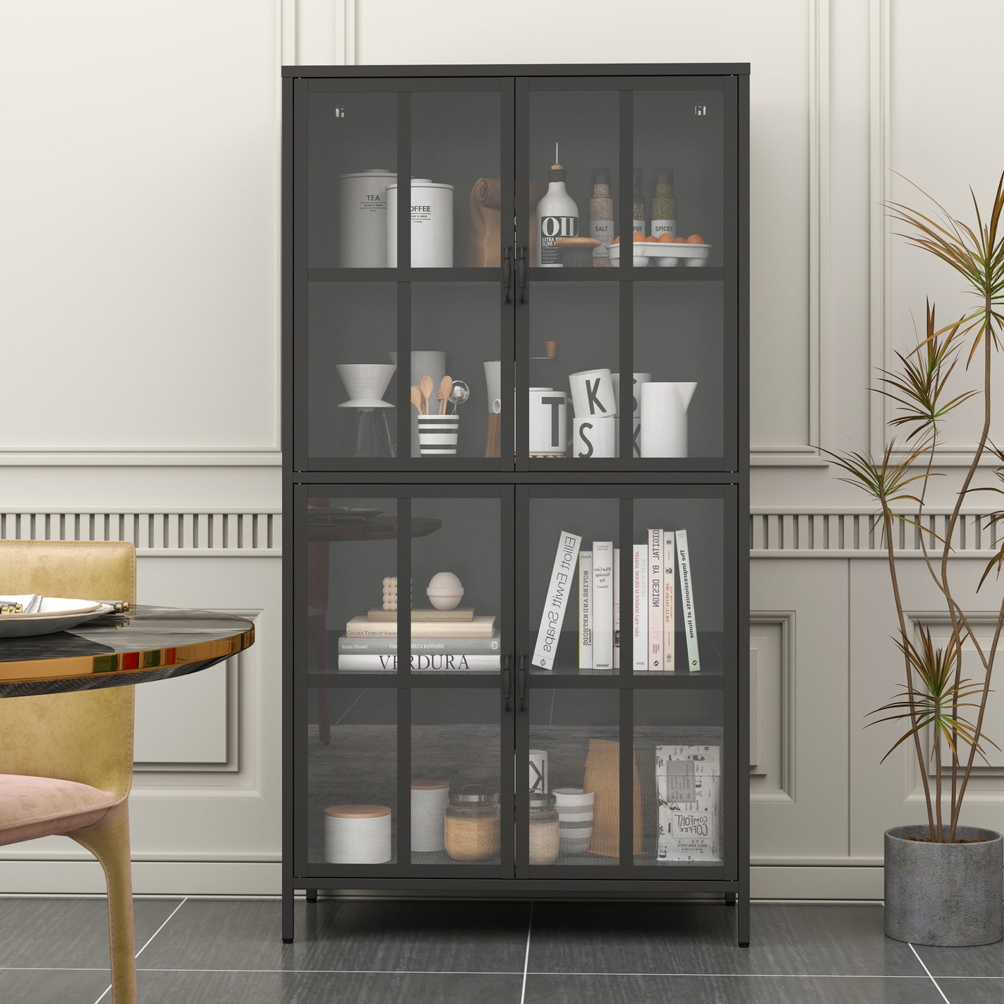 Premium Black Metal Storage Cabinet With Tempered Glass Doors, Adjustable Shelves, Anti-Tipping Device, Magnetic Silent Closure, And Adjustable Feet For Home And Office Use