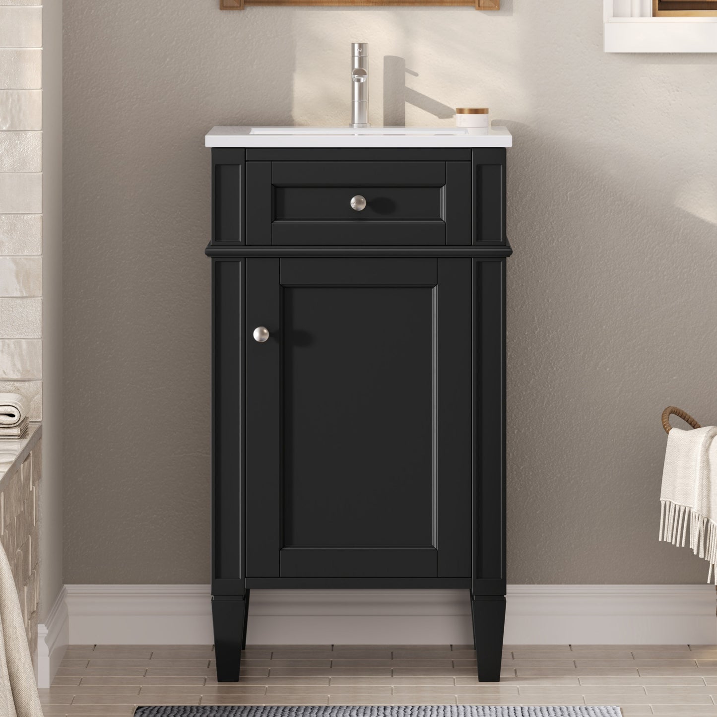 18-inch Bathroom Vanity With Ceramic Sink, Freestanding Single Vanity Set With Soft Closing Door, Adjustable Shelf, French Style, Solid Feet, Black