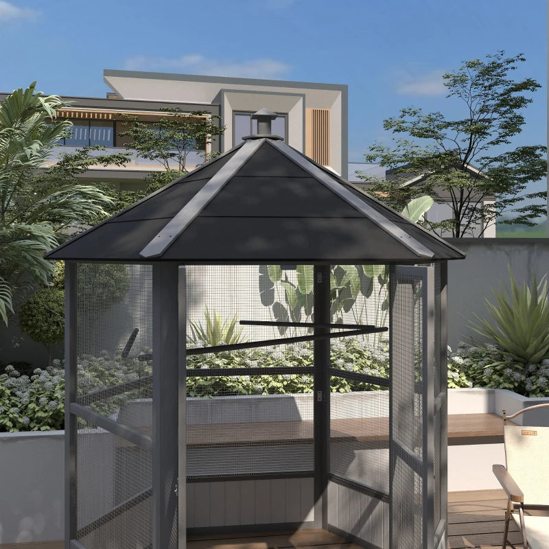 69 Wooden Hexagonal Outdoor Aviary Flight Bird Cage With Covered Roof, Light Gray