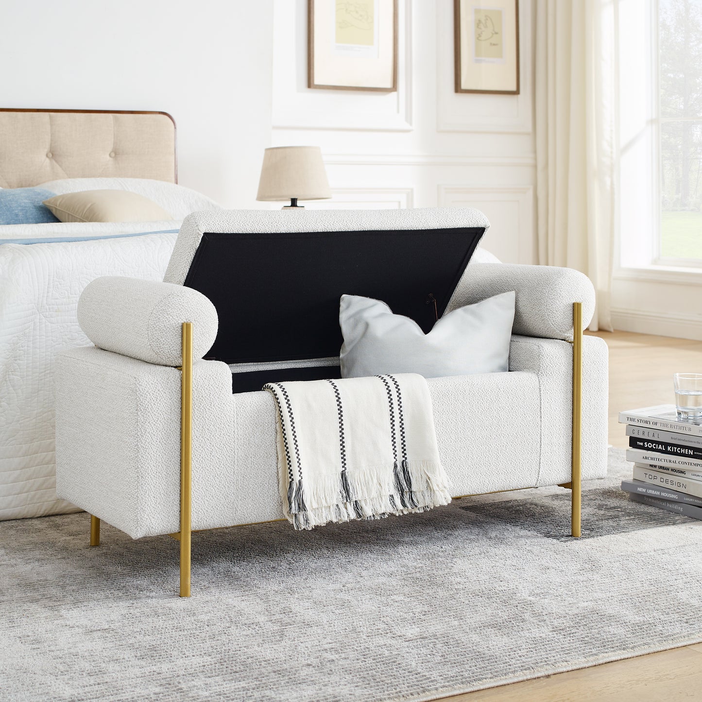 Elegant Upholstered Linen Storage Bench With Cylindrical Arms And Iron Legs For Hallway Living Room Bedroom, White