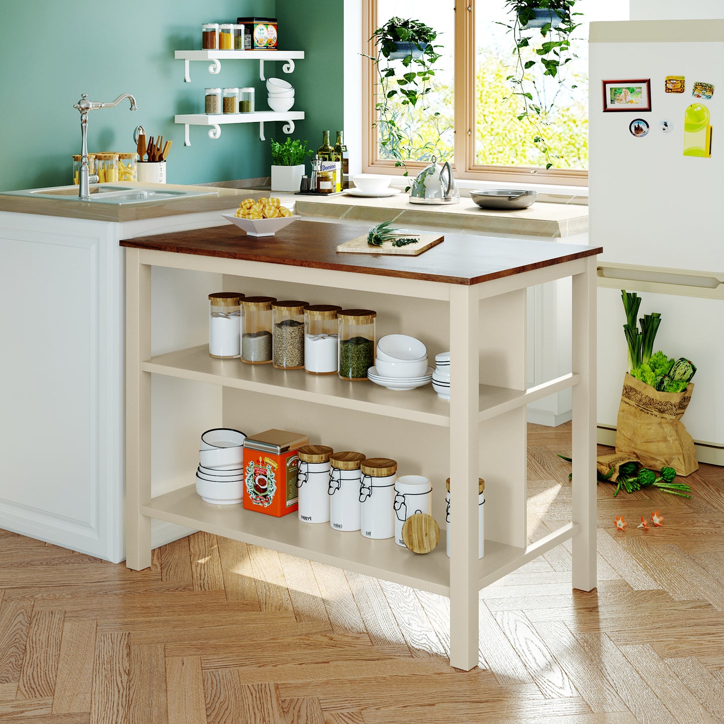 TOPMAx Solid Wood Rustic 3- Piece 45  Stationary Kitchen Island Set With 2 Seatings  Rubber Wood Butcher Block Dining Table Set Prep Table Set With 2 Open Shelves For Small Places Walnut Cream White