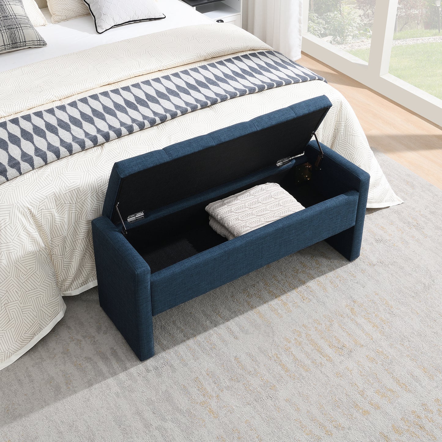 Modern Bed End Bench With Storage,Upholstered Large Foot Rest Stool, Comfy Window Vanity Bench For Living Room,Bedroom,Dorm,Coffee Table,Linen Navy Blue