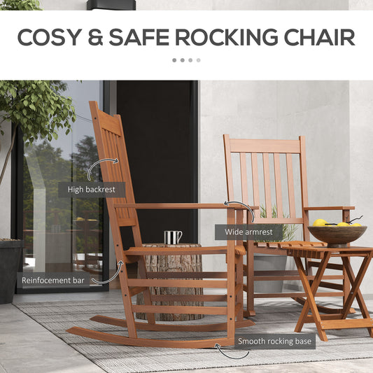 Outdoor Rocking Chair Set Of 2 With Side Table, Patio Wooden Rocking Chair With Smooth Armrests, High Back For Garden, Balcony, Porch, Supports Up To 352 Lbs, Teak