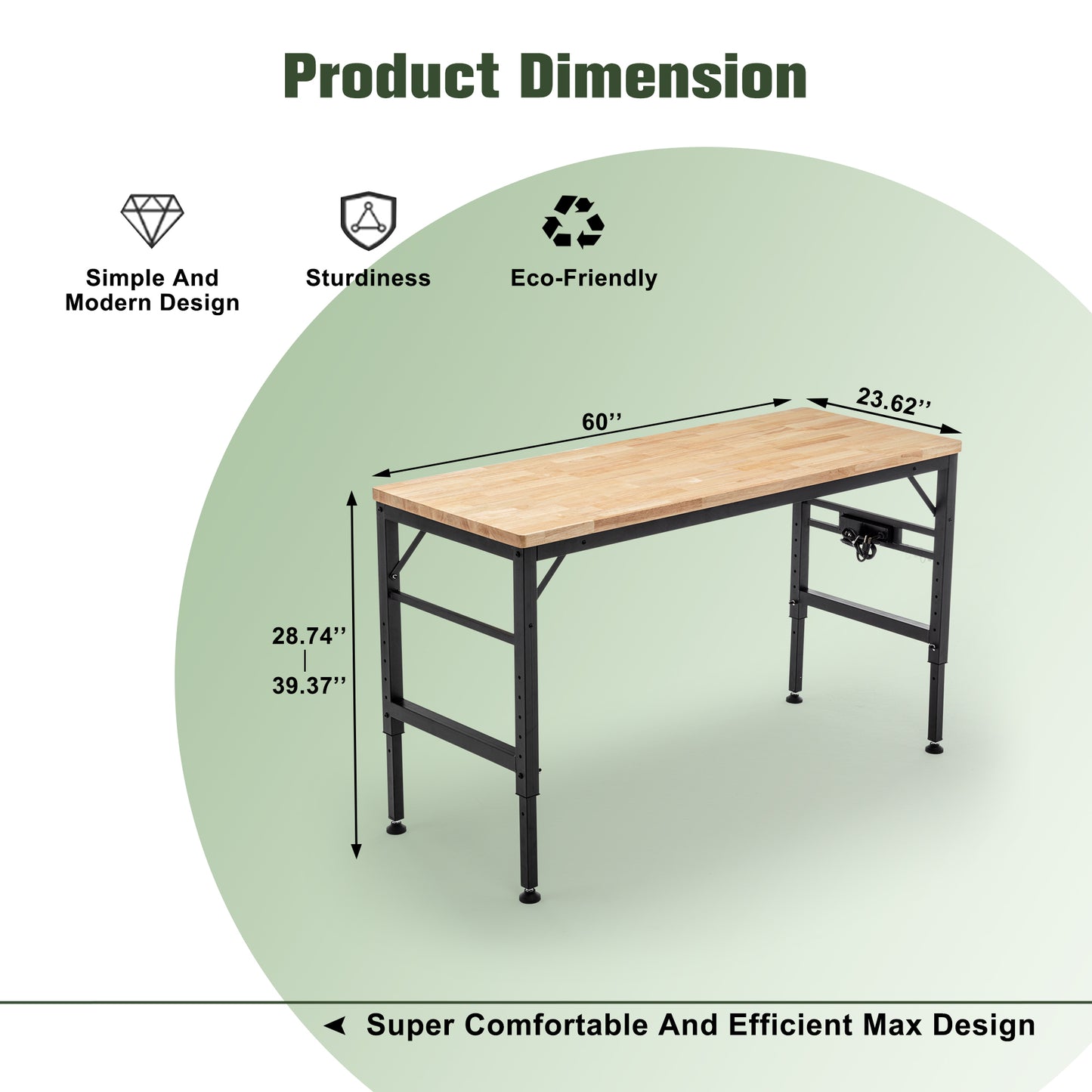 Adjustable Height Workbench, 60 Rubber Wood Top Heavy Duty Workstation With Power Outlets, 2000 LBS Load Capacity Hardwood Worktable For Workshop, Garage, Office, Home, Commercial