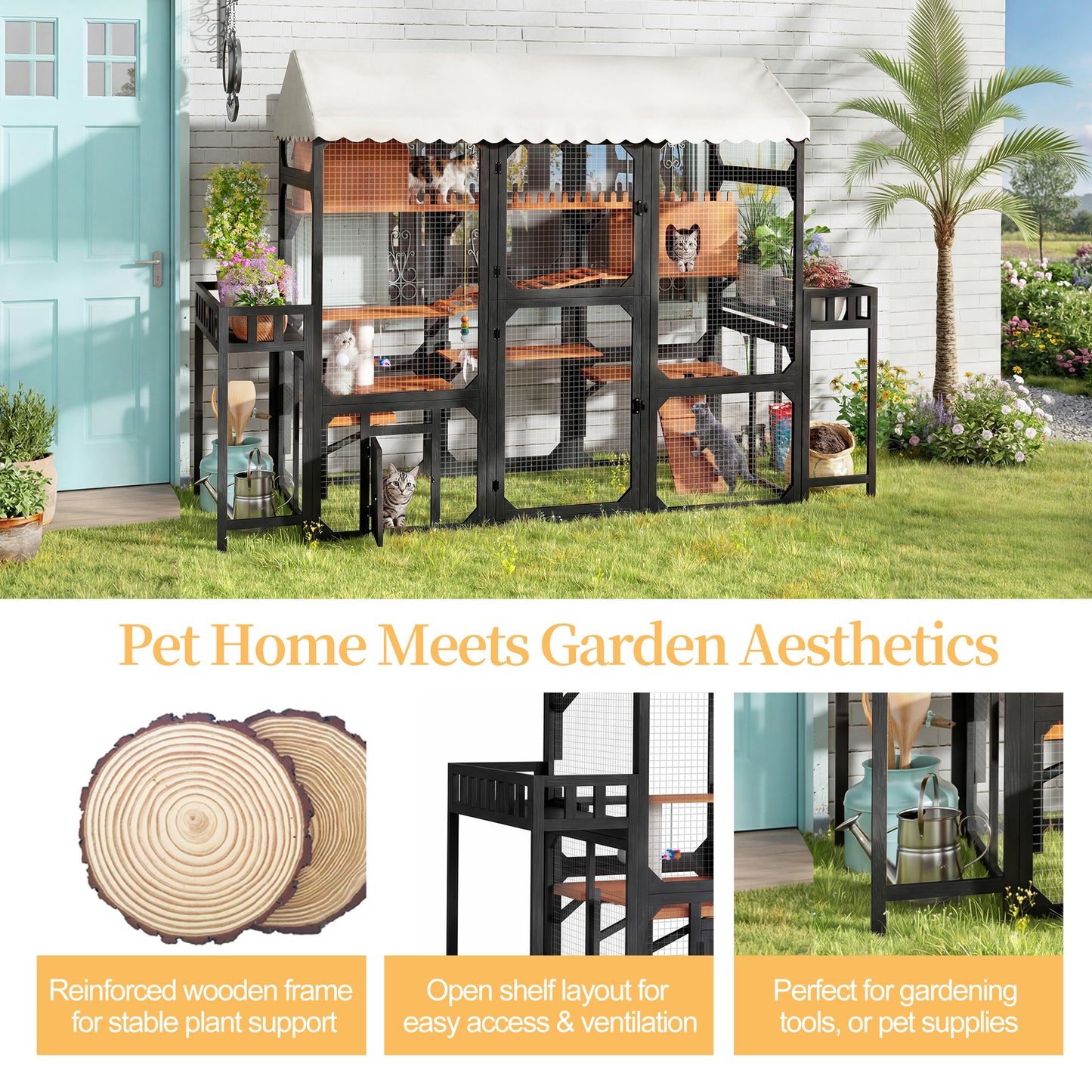 Large Outdoor Cat Enclosure Wooden Catio With 2 Plant Stands, Multi-Level Cat Playpen With Weather-Resistant Roof, Resting Box, Climbing Ramps & Wire Mesh For Patio, Black
