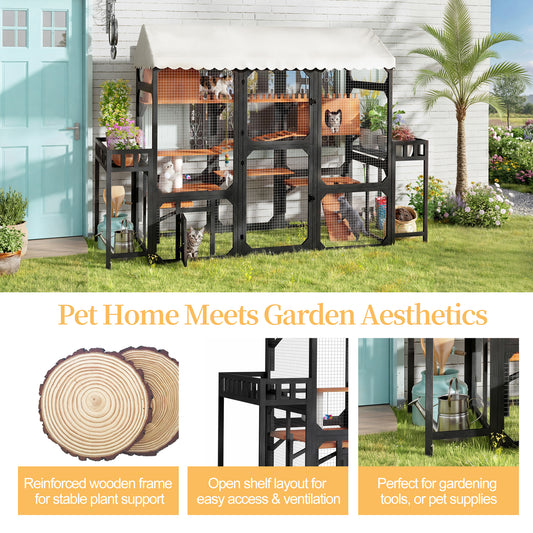 Large Outdoor Cat Enclosure Wooden Catio With 2 Plant Stands, Multi-Level Cat Playpen With Weather-Resistant Roof, Resting Box, Climbing Ramps & Wire Mesh For Patio, Black