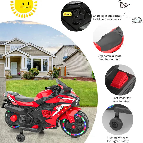Kids Powered Ride-ons Toy, Kids Motorcycle For 3-6Years, 12V Electric Ride On Motorcycle With Light Wheel & Bluetooth Music-Red