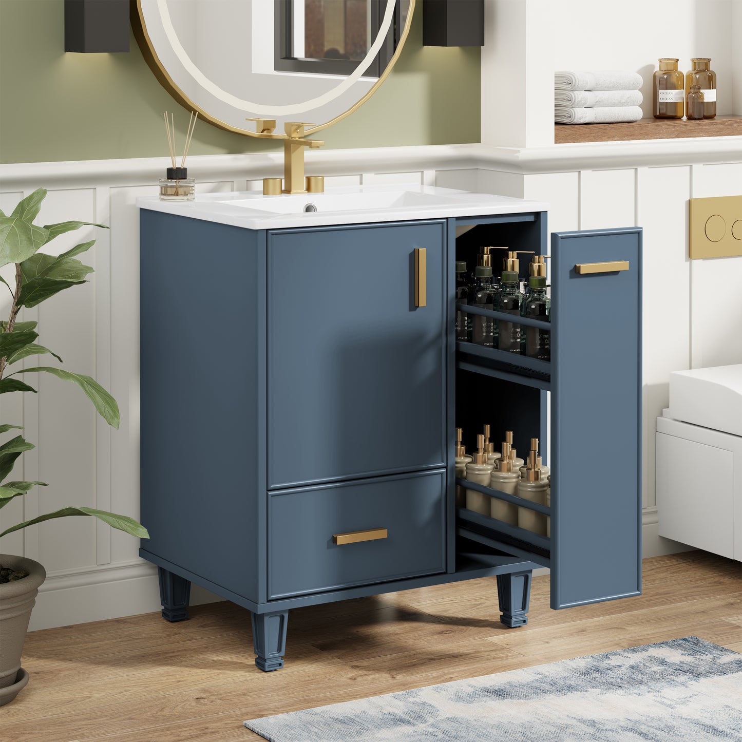 24  Bathroom Vanity With Sink, Bathroom Cabinet With Door Shelf, Deep Drawer, 2-Tier Pull-Out Basket, Solid Wood Frame And MDF Board, One Package, Grey Blue