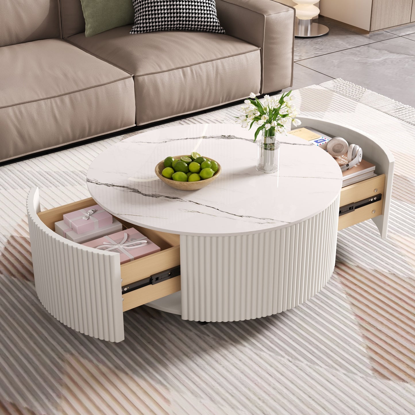 Modern Round Movable Coffee Table With Casters, 2 Drawers, Marble Pattern Sintered Stone Top, White, 29.5