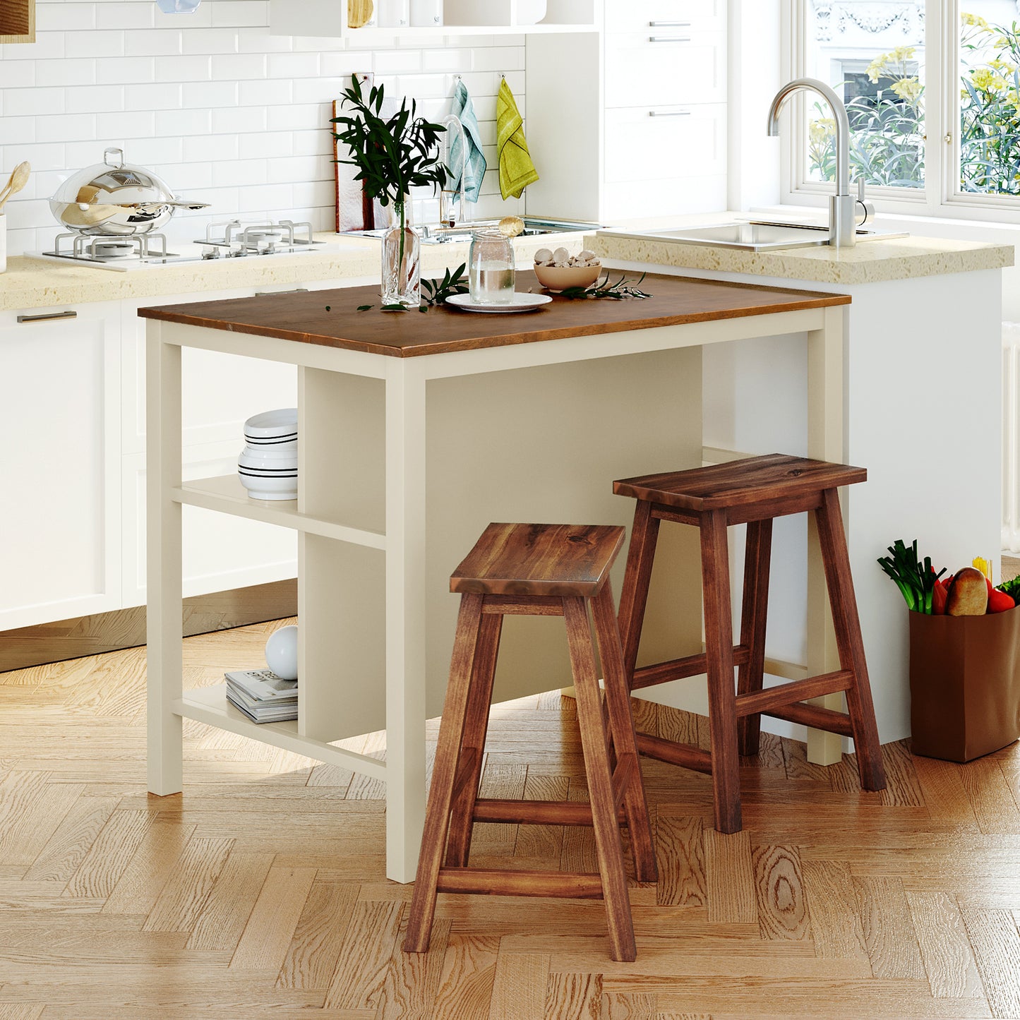 TOPMAx Solid Wood Rustic 3- Piece 45  Stationary Kitchen Island Set With 2 Seatings  Rubber Wood Butcher Block Dining Table Set Prep Table Set With 2 Open Shelves For Small Places Walnut Cream White