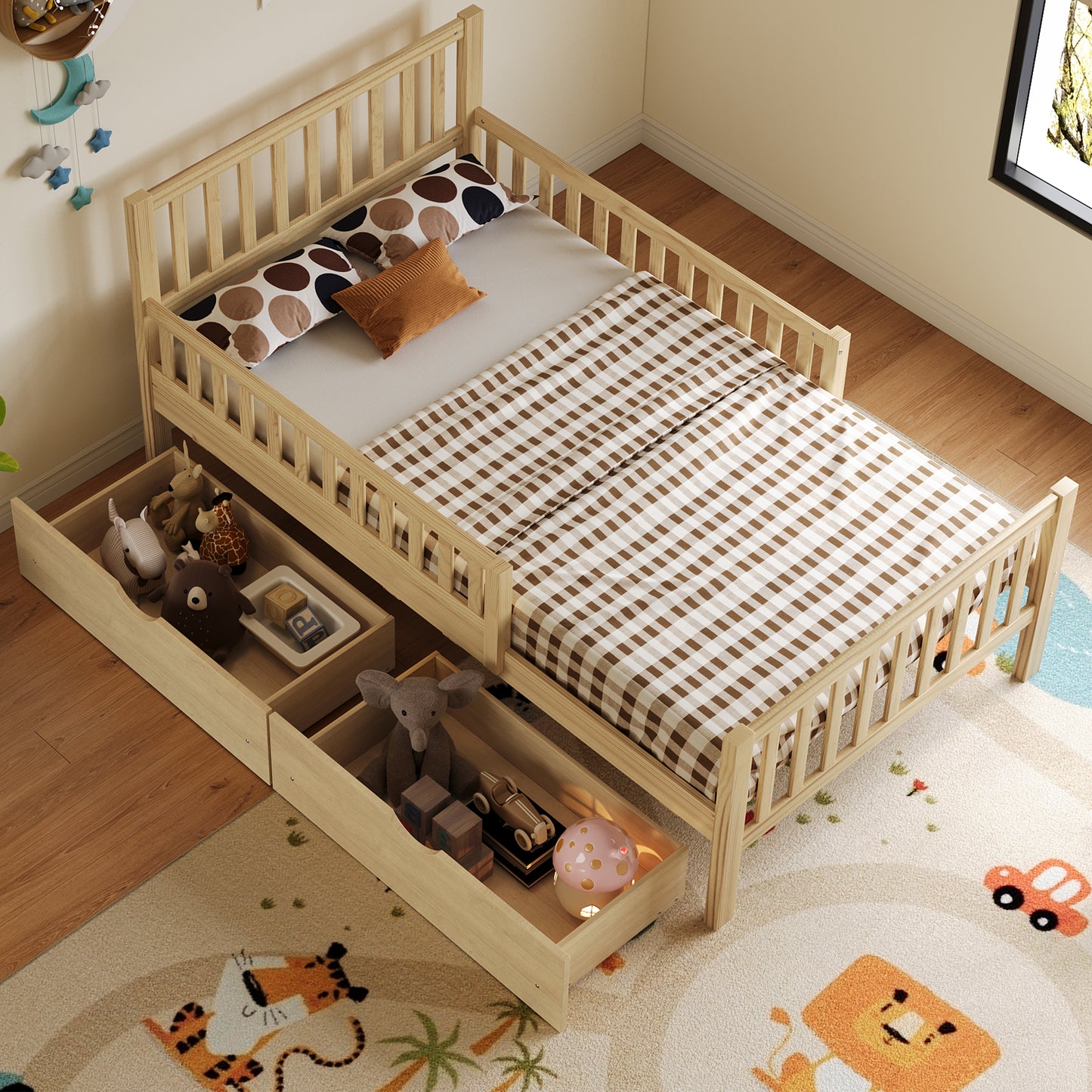 Twin Size Wood Platform Bed With Guardrails On Both Sides And Two Storage Drawers ,Natural