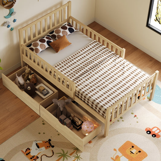 Twin Size Wood Platform Bed With Guardrails On Both Sides And Two Storage Drawers ,Natural
