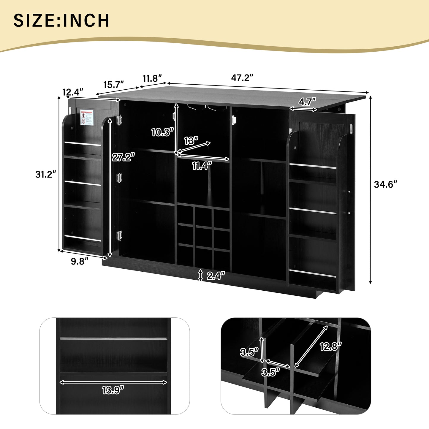 U-Style 47.2  Kitchen Island With Drop Leaf & Power Outlet  Wine Bar Cabinet With Bottle Rack & Glass Holder  Coffee Bar  2- Door Buffet Sideboard With Side Shelves  Melamine MDF