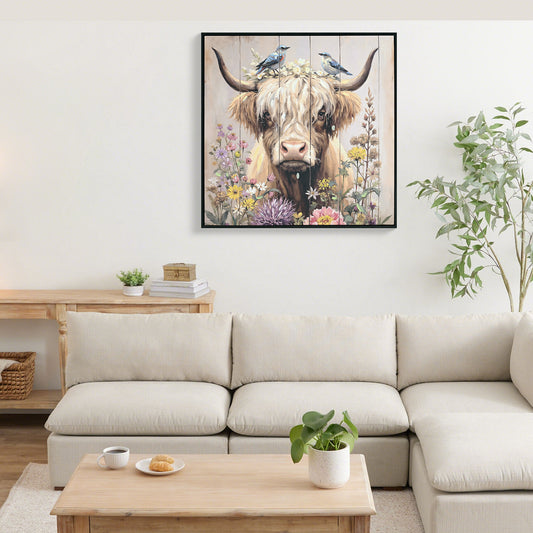 Farmhouse Highland Cow Wall Decor In Neutral Colour  Rustic Cow And Chrysanthemum Picture Canvas Art Print, Gift For Bathroom Or Kitchen, Ideal Animal Artwork For Living Room 24x24INCH