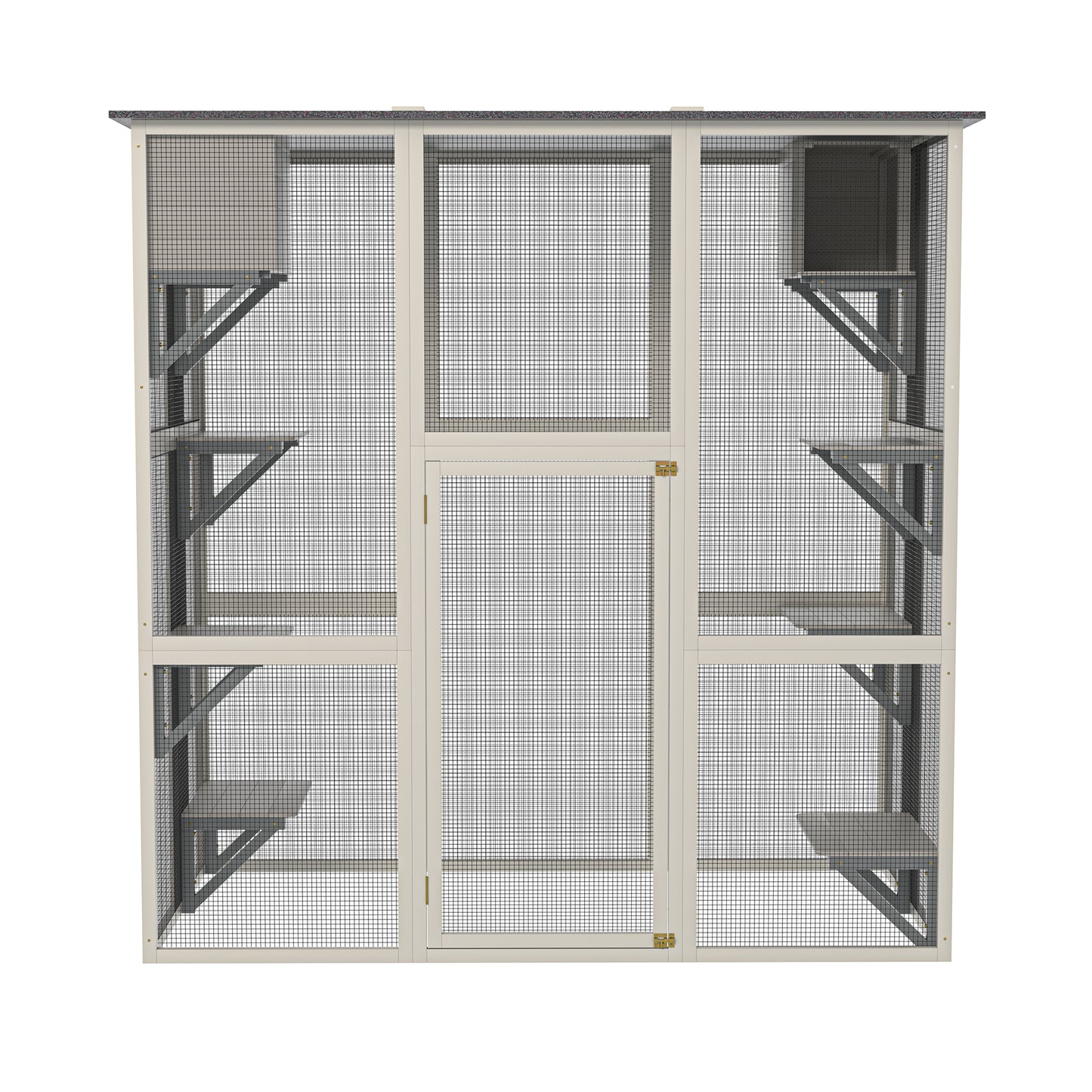 Gray Wooden Outdoor Catio Cat Enclosure With Weatherproof Asphalt Roof, Large Walk-in Cat House With 6 Platforms & 2 Napping Boxes, Solid Wood Cat Cage  Kennel Condo Playpen For Patio