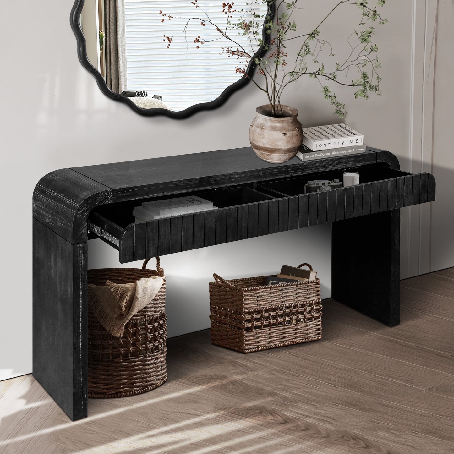 59 Vintage Crafted Entryway Table,Two Hidden Handle Drawers,Farmhouse Console Table ,Easy Assembly, For Entrance & Dinning Room & Living Room & Hallway Antique Black