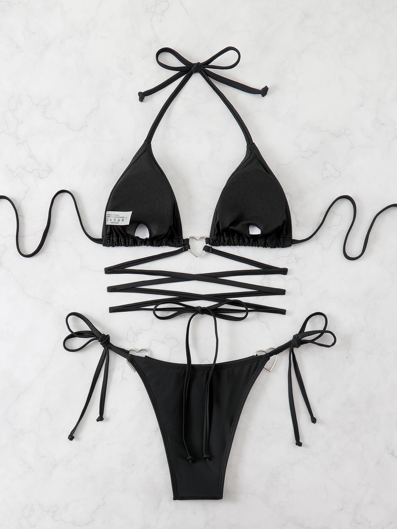 Women's Sexy Black Triangle Bikini Set With Lace-Up Top & Tie Side Bottom
