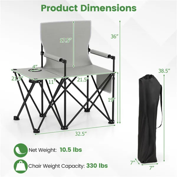 Oversized Foldable Camping Chair With Side Table & Cup Holder, 330 LBS Capacity For Outdoor Use-Gray
