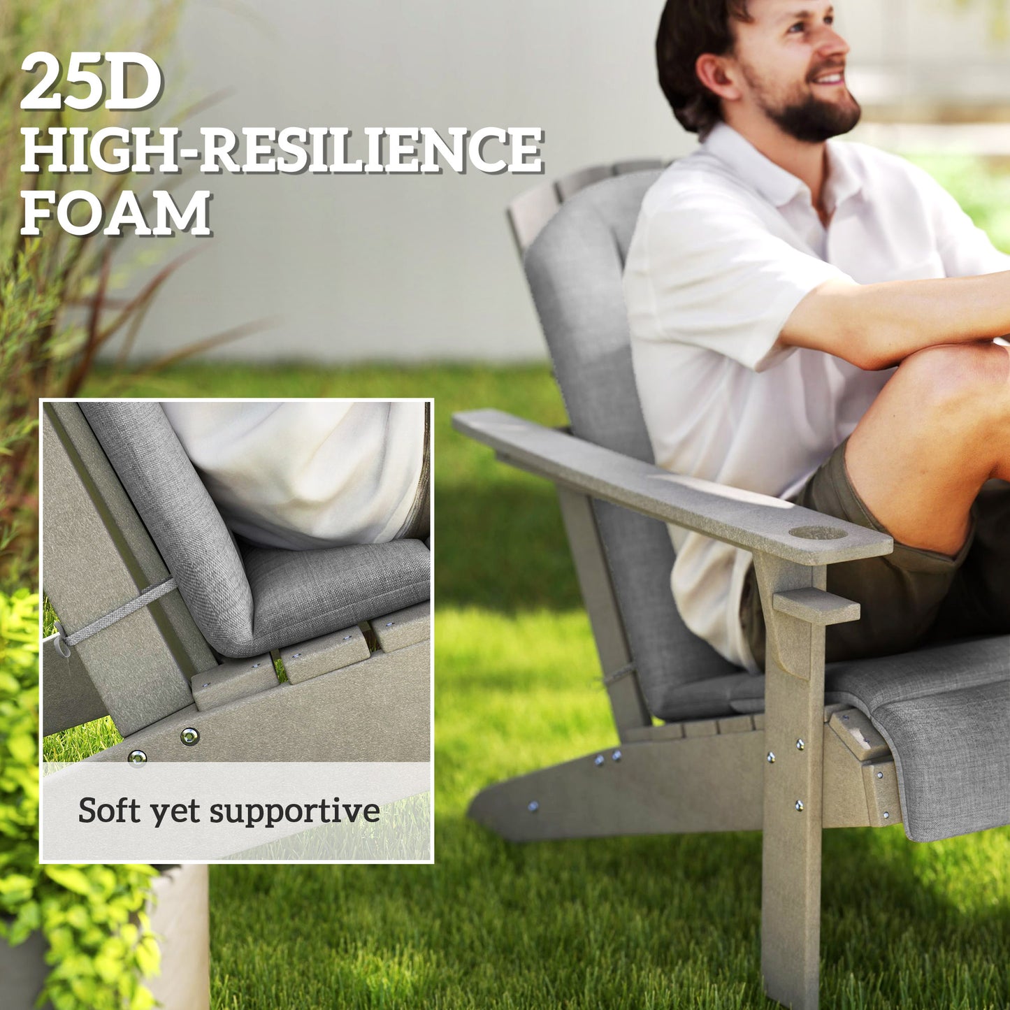 Set Of 4 Outdoor Chair Cushions, High Back Adirondack Chair Cushion With Ties, High-Density Foam, Gray