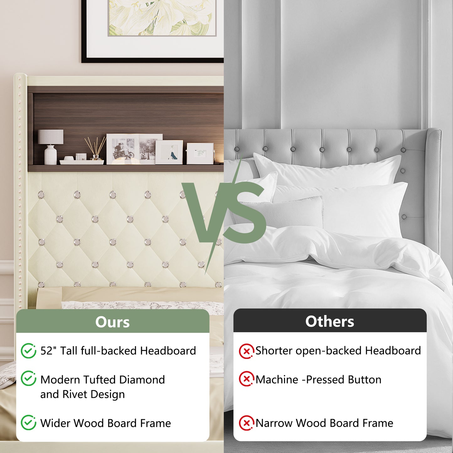 Full Size Velvet Tufted Soft Bed Frame With USB Port And Night Light,52High Headboard With Rivet Decoration,Wing-back Platform Bed With Headboard Shelf,Beige