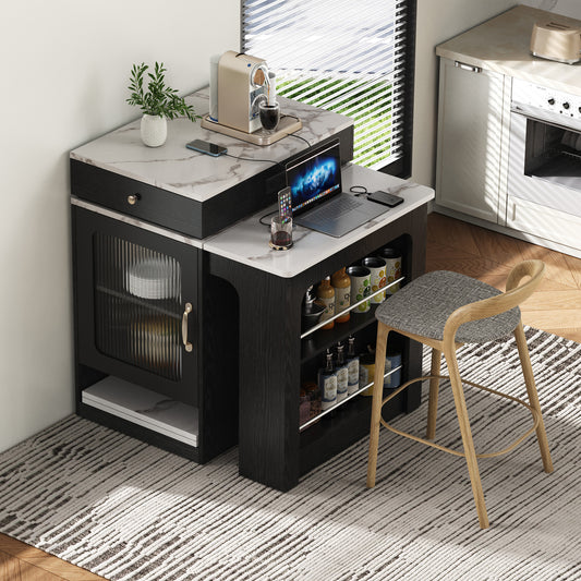 K&K 59.5   Kitchen Island With Extendable Dining Table, Kitchen Storage Table With Double-sided Storage, Kitchen Island With 2 Drawers, Power Outlet, Side Open Shelves, For Kitchen, Dining Room, Black