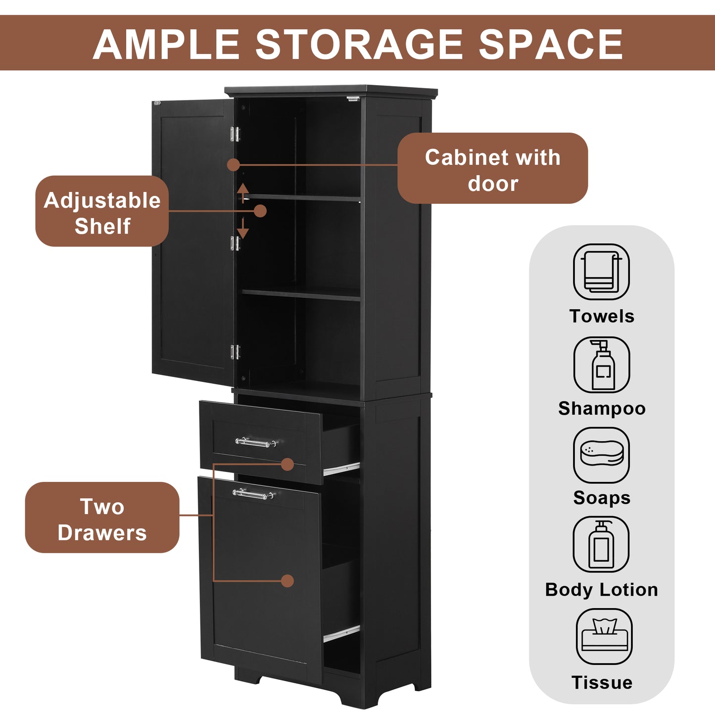 Tall Bathroom Storage Cabinet, Freestanding Storage Cabinet With Two Different Size Drawers And Adjustable Shelf, MDF Board With Painted Finish, Black