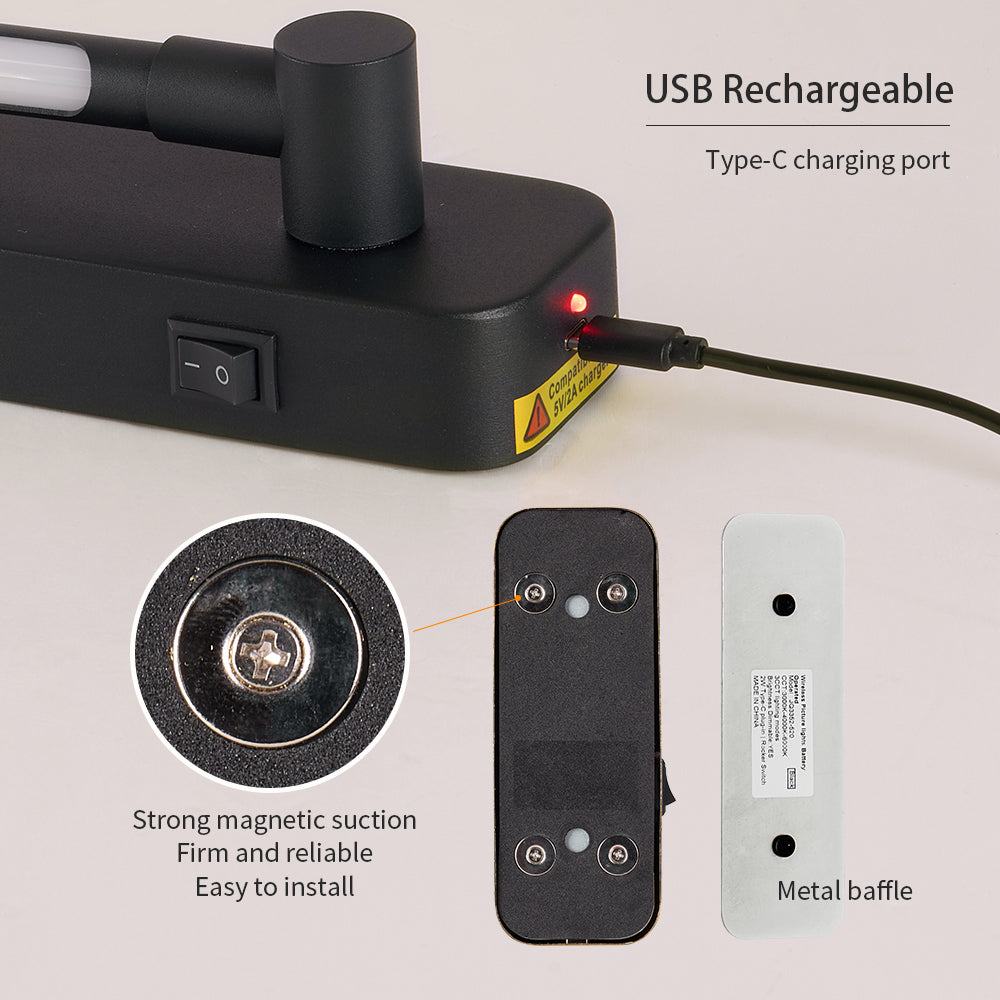 Rechargeable Wall Lights With Remote Control - LED Picture Lights For Bedroom - Wireless Magnetic Clip- On Art Light Fixtures - 3CCT-Dimmable In Black