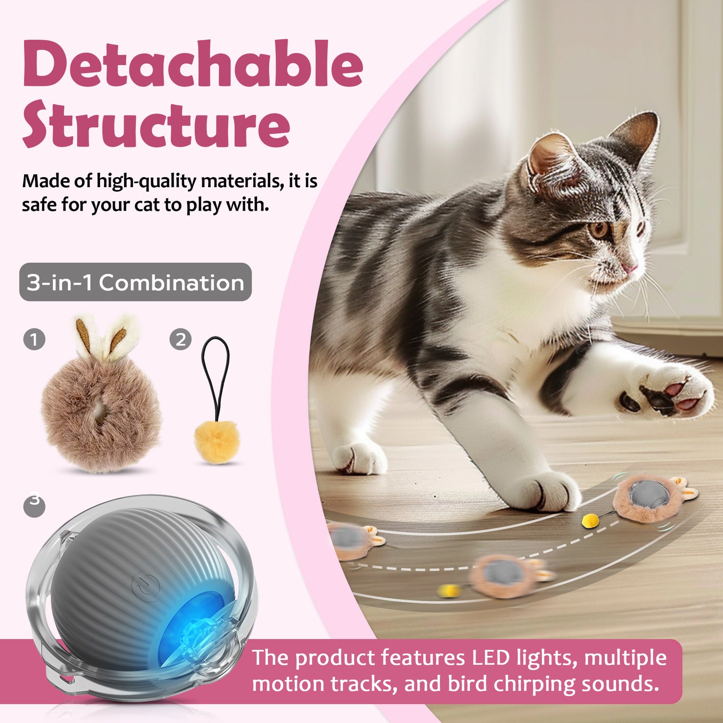 Interactive Toys Ball For Cats, Dog,Agile Moving Cat Ball ,Motion Activated Automatic Moving Ball With Lights,with Fluffy Tail And Bunny Ears For Indoor Pets