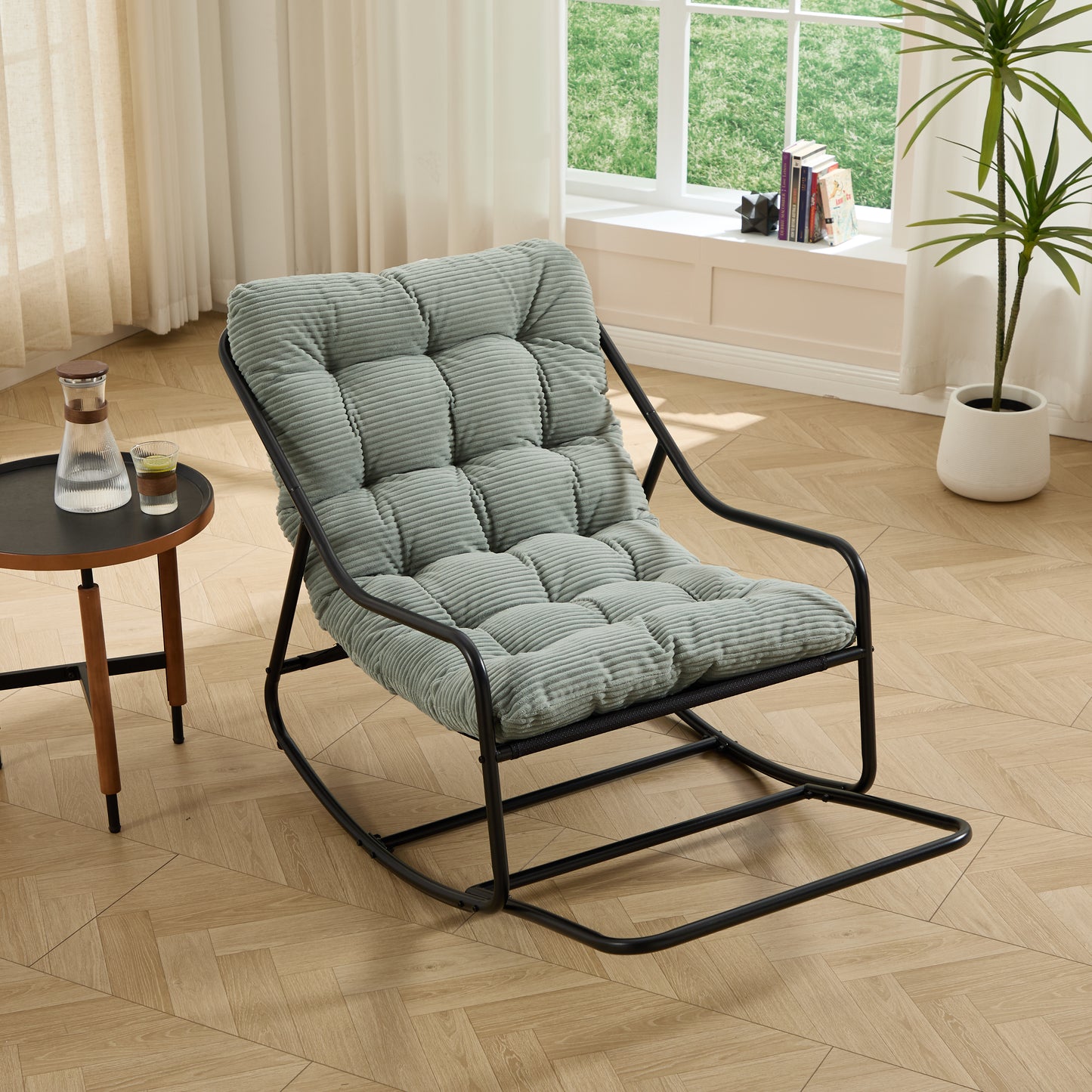 Outdoor Rocking Chair, Comfy Cushion, With Soft Thick Cushion,for Living Room, Bedroom, Reading Room, Black Frame With Light Green Cushion