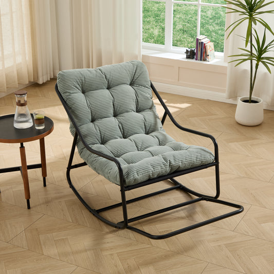 Outdoor Rocking Chair, Comfy Cushion, With Soft Thick Cushion,for Living Room, Bedroom, Reading Room, Black Frame With Light Green Cushion