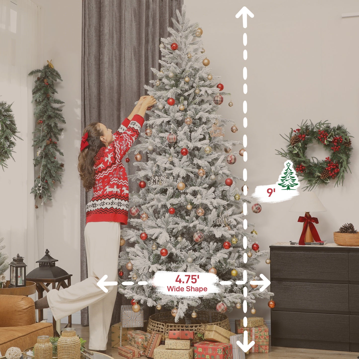 9 Ft Artificial Frosted Christmas Tree With Realistic Branches, Wide Full Spruce, Hinged Xmas Tree, Easy Assembly