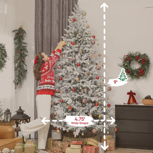 9 Ft Artificial Frosted Christmas Tree With Realistic Branches, Wide Full Spruce, Hinged Xmas Tree, Easy Assembly