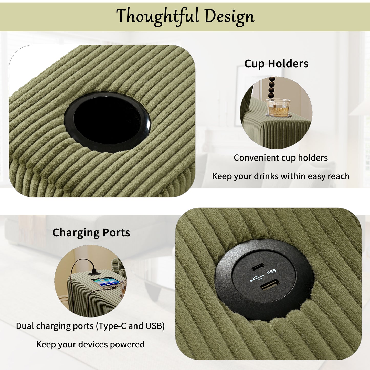 Mirod Large Sectional Sofa With Thick Cushions, And Built-in Cup Holders & Charging Ports