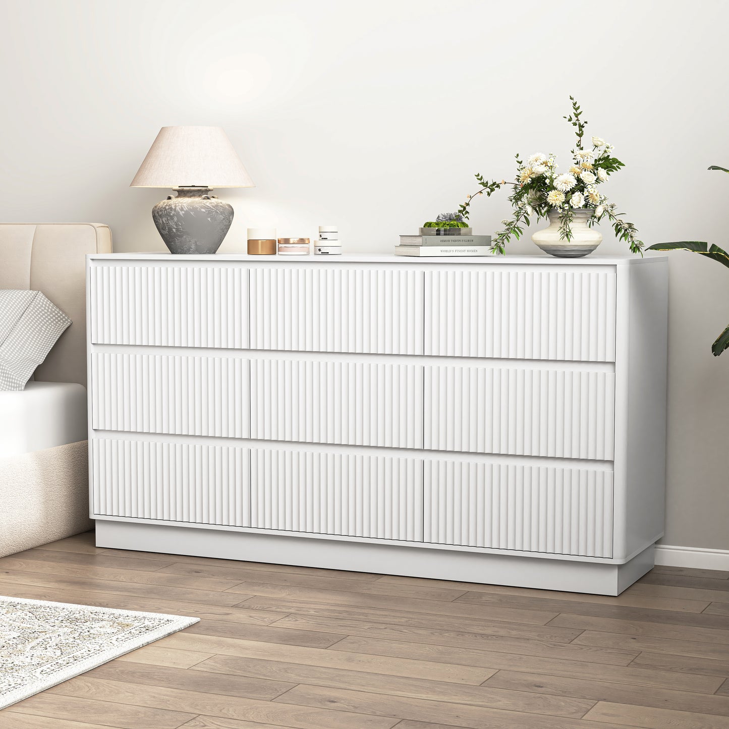 9 Drawer Dresser For Bedroom With Large Drawers, Wood Dresser, Large Floor Chest Of Drawers, Modern Long TV Stand, Mid Century Storage Cabinet Side Table, White
