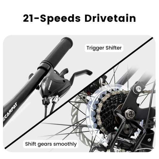 A2460 24 Inch Mountain Bike With Full Suspension, 21 Speed Shifter Lever With Gear Indicator, High Carbon Steel Frame, Mechanical Disc Brakes, Unisex For Men Women Adults, Ideal For Trails.