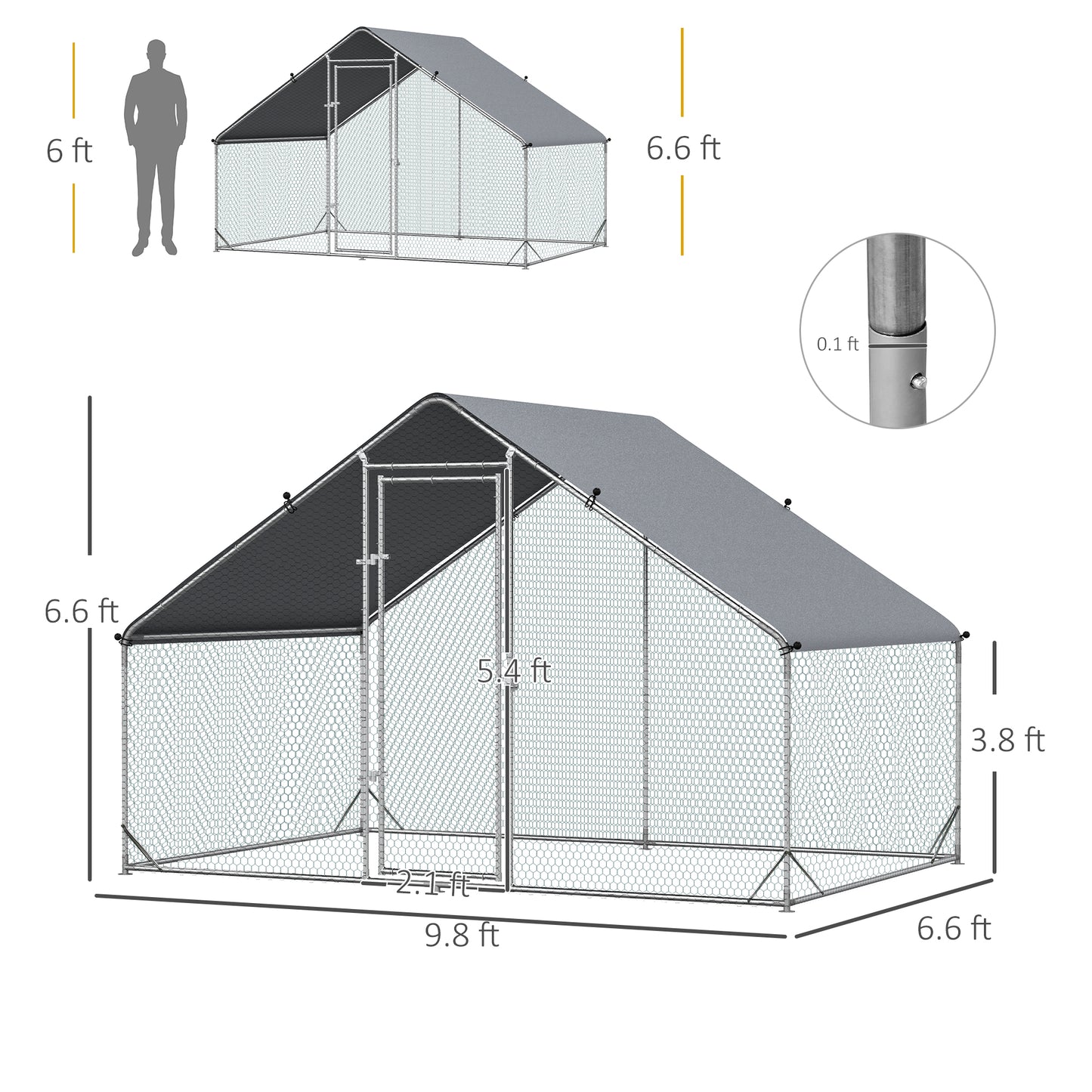 Large Chicken Coop Metal Chicken Run With Waterproof And Anti-UV Cover, Spire Shaped Walk In Fence Cage Hen House For Outdoor And Yard Farm Use, 1" Tube Diameter, 9.8' X 6.6' X 6.6'