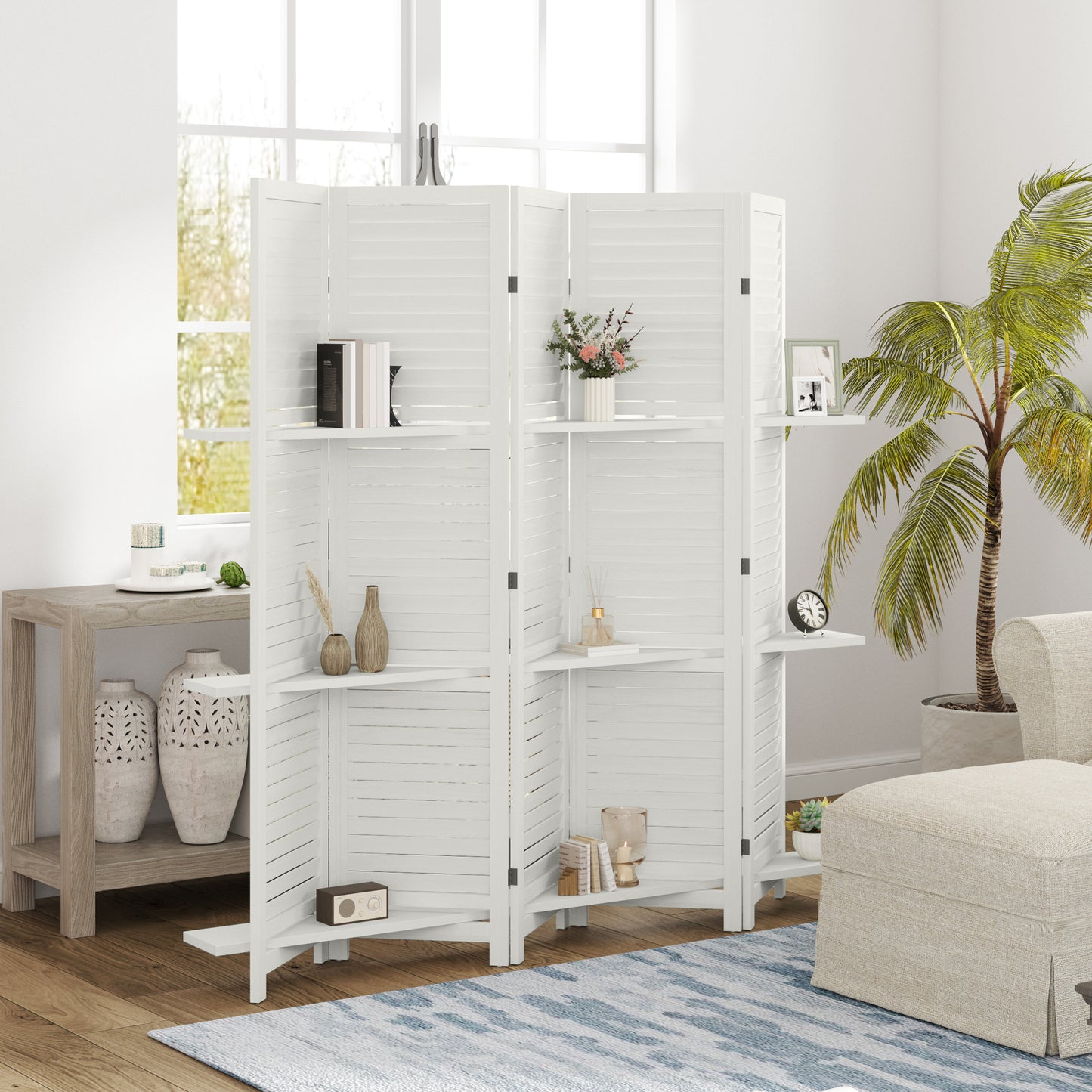 5 Panel 67" Tall Wood Privacy Screen Room Divider With 3 Shelves And Folding Storage For Bedroom, White